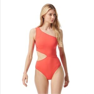 Michael Kors One-Shoulder Side Zipper Swimsuit Size 10 Mimosa Orange NWT